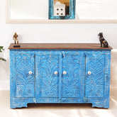 Indian Handmade Carved Solid Wood 4 Door Sideboard 140X40X85Cm Blue